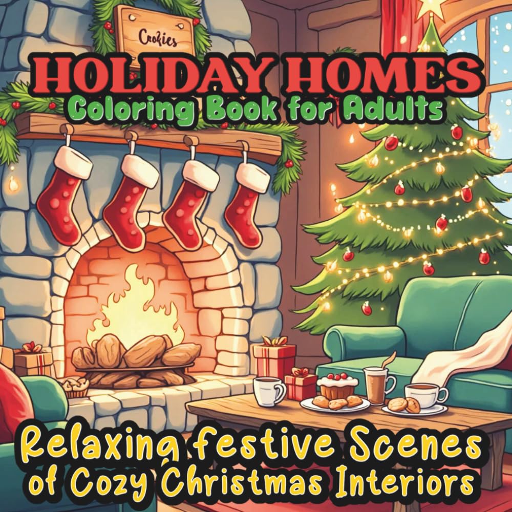 HOLIDAY HOMES Coloring Book for Adults: Relaxing Festive Scenes of Cozy Christmas Interiors to Color and Unwind