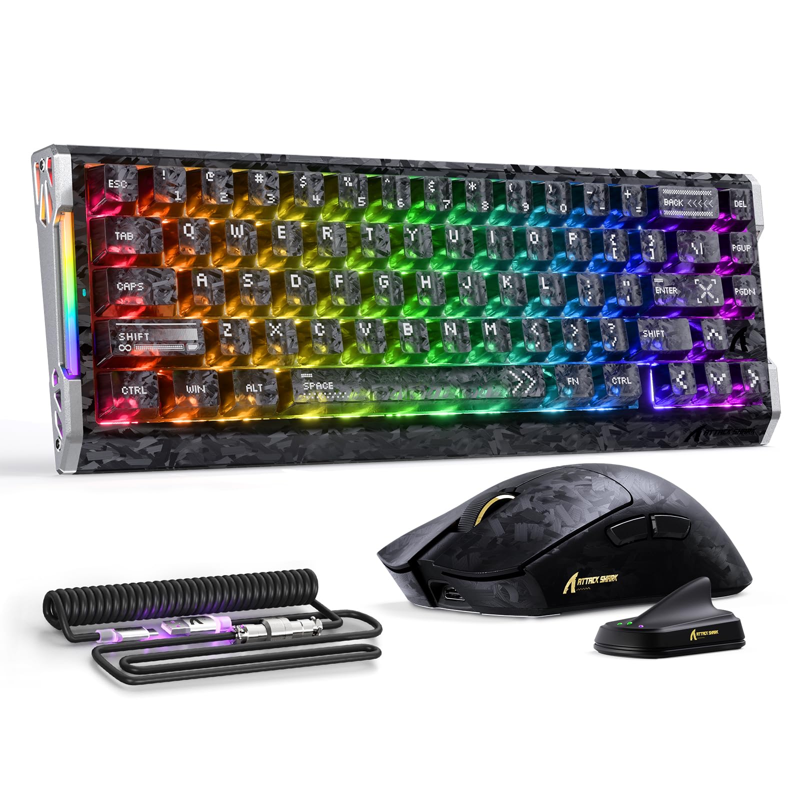 ATTACK SHARK Déclencheur rapide en fibre de carbone 8000 Hz Clavier de jeu magnétique filaire remplaçable à chaud, 42K DPI PAW3950 MAX TRI-Mode, souris sans fil Polling 8K, éclairage RVB Câble spiralé