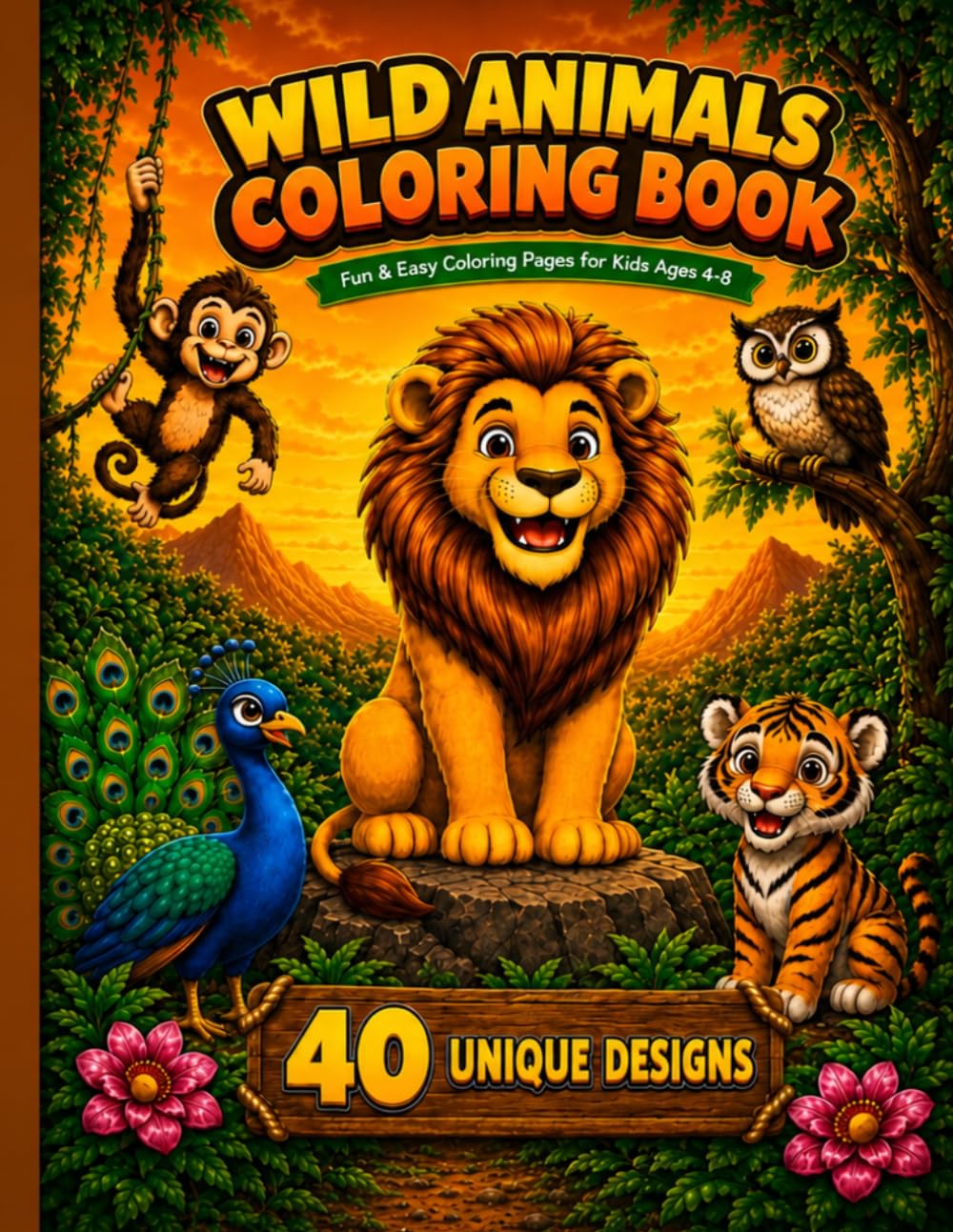 Wild Animals Coloring Book: 40 Fun & Easy Coloring Pages for Kids Ages 4-8 — Lions, Tigers, Monkeys, Owls, Peacocks and More Adorable Jungle Animals