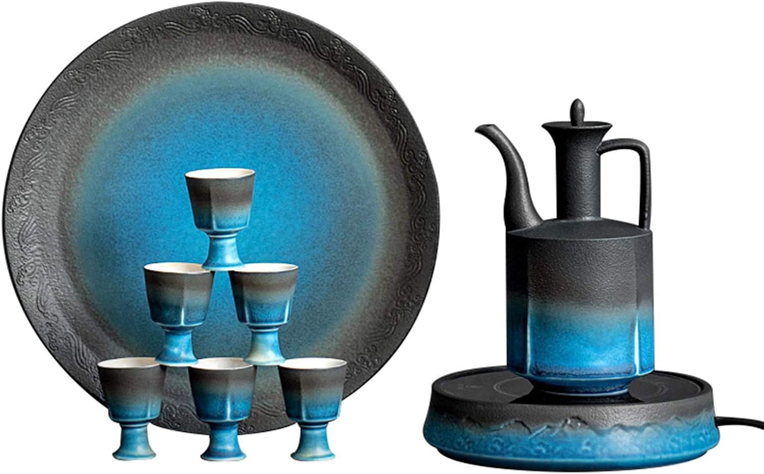 Keramische Sake Set Met Warmer Japanse Sake Set – 6-delige Keramische Set Met Warmer | 4 Kopjes, Kan & Kom | Traditioneel Design Traditionele Sake Karaf En Cups