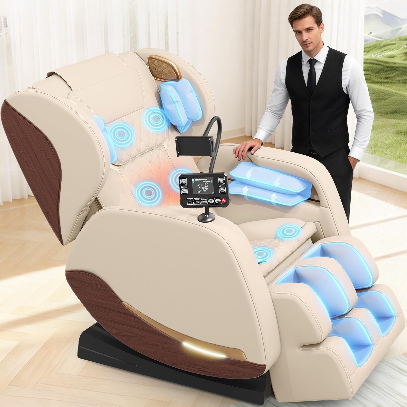 yewglen Ganzkörper Massagesessel mit Wärmefunktion,14 Ganzkörper-Massagerollen,8 Airbags,Schwerelosigkeit,Bluetooth-Lautsprecher,12 cm verstellbare Fußstütze,Touchscreen-Controller