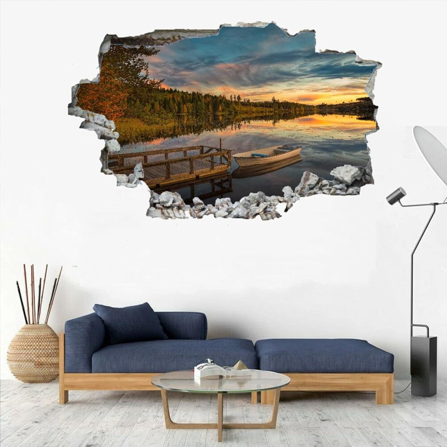 Pier 3D Wall Decor Stickers, Boat Removable Waterproof Vinyl Floor Decals Art, Sky Wall Stickers 3D Smashed Wall Mural Decals for Kids Bedroom Living Room Nursery Home Wall Décor 43 x 28 Inch