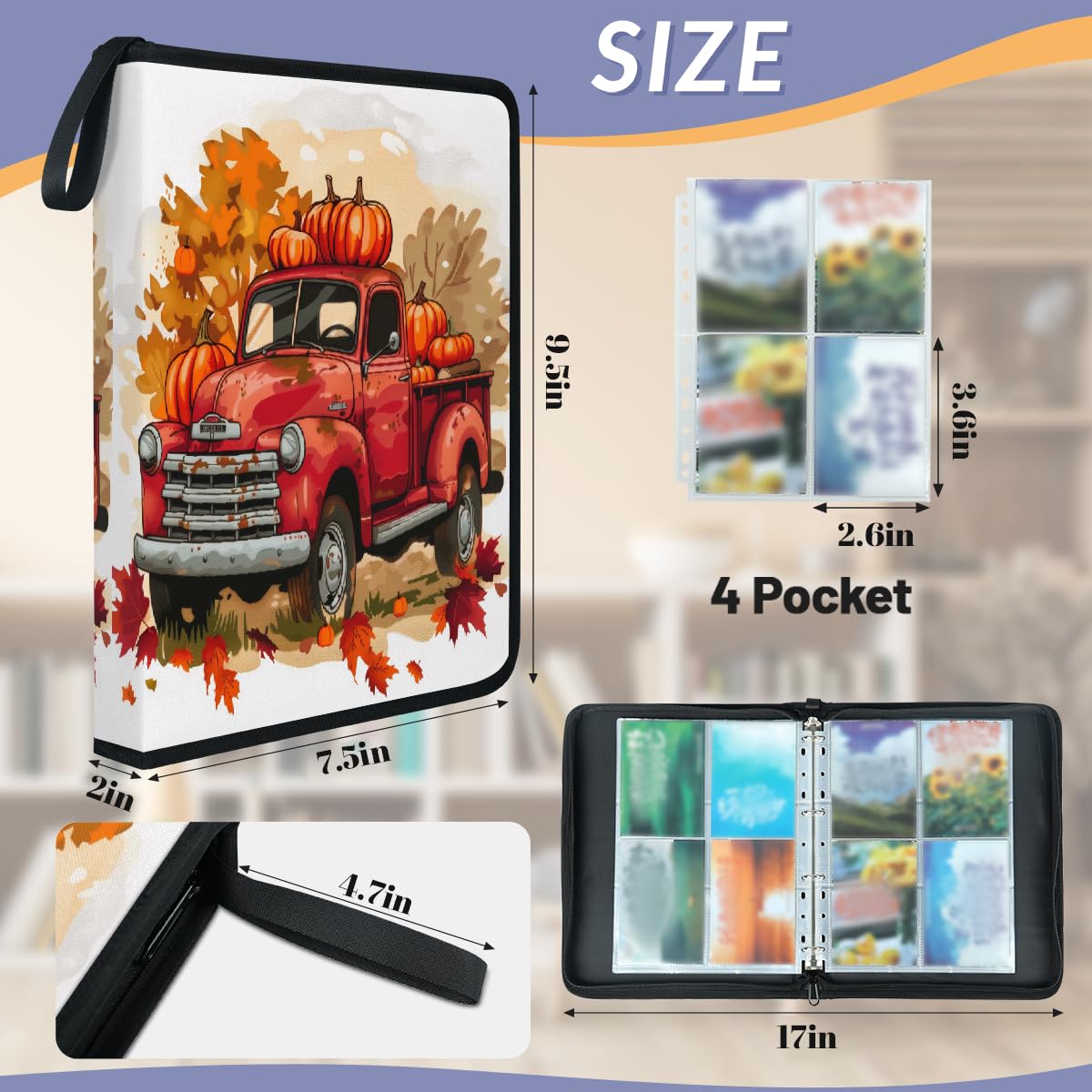 Raccoglitore per carte collezionabili con 4 tasche per il Ringraziamento a forma di zucca, con maniche rimovibili, impermeabile, con cerniera, 50 pagine, capacità 400 carte