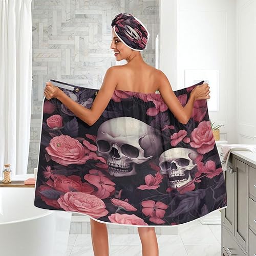 Miniatura 5 de Kigai Juego de 3 toallas de flores de calavera para mujer, con cierre ajustable, bata de baño suave y ligera con gorro de pelo seco y diadema, A37