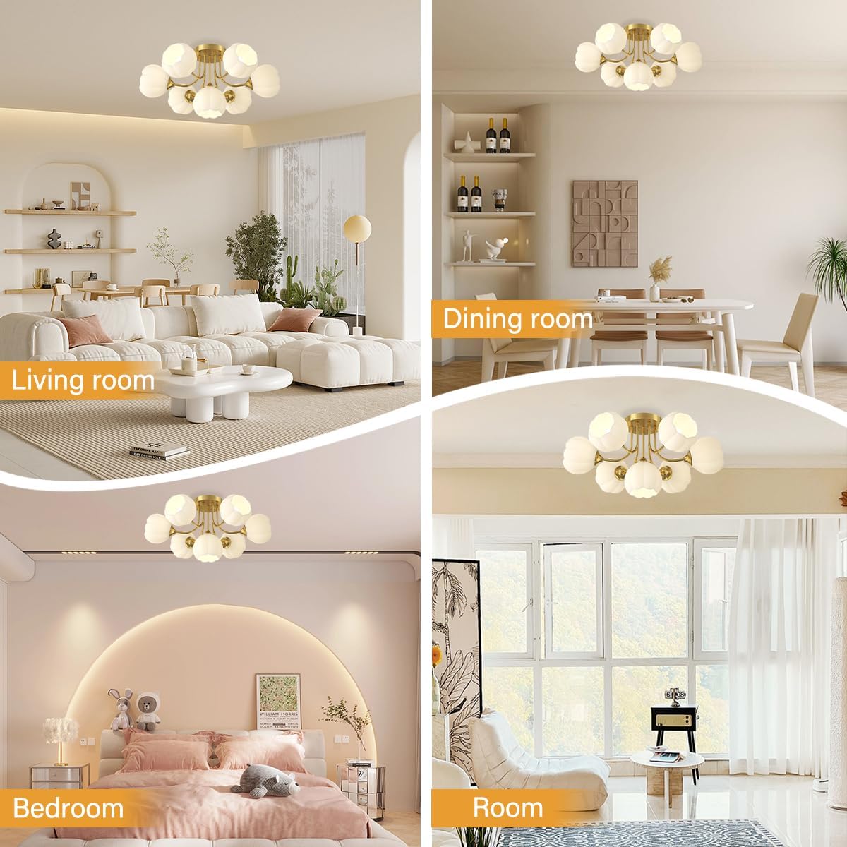 White Semi Flush Ceiling Light Gold Semi Flush Mount Ceiling Light Fixture 7-Lights with Flower Glass Shade Sputnik Glass Ceiling Lights fixtures for Bedroom Living Dining Room