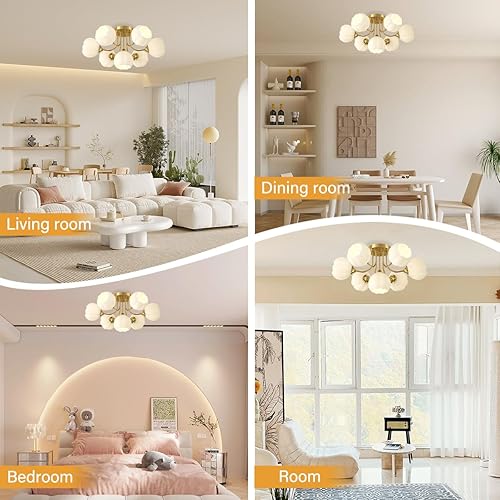 Miniatura 3 de Qufute Lámpara de techo moderna de 7 luces doradas semiempotradas, luces de techo Sputnik, pantalla de cristal blanco, luces de mediados de siglo,