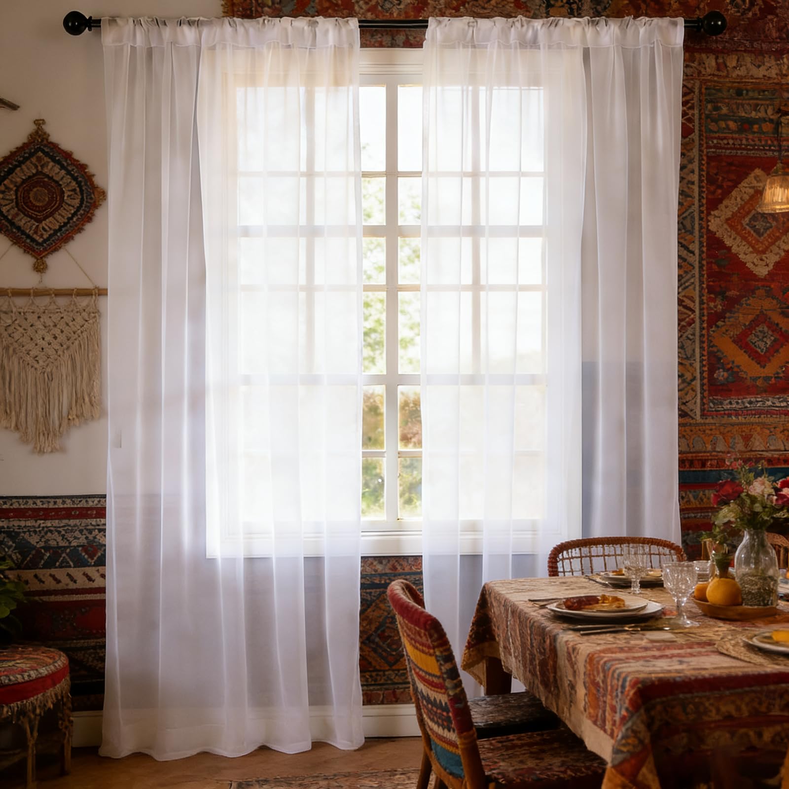 Firanka Z Woalu 195 x 195 cm Półprzezroczysty, Przepuszczający Światło, Zwiewny, Imitacja Lnu, Przelotka, Lekki, Zwiewne Panele Z Woalu Do Sypialni/Salonu, Biały