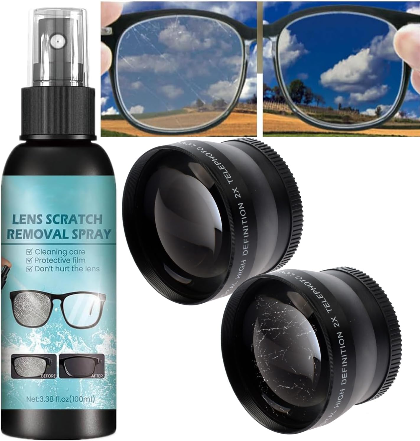 SELLERFLOR Lens Scratch Removal Spray Eyeglass Windshield Glass Repair Liquid Eyeglass Glass Scratch Repair Solution Camera Lens Scratch Remover Glasses Cleaner Sunglasses Screen Cleaner(100ml)