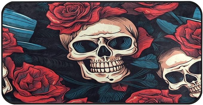 ALAZA Funny Sugar Skull Red Rose Flower Non Slip Kitchen Floor Mat Kitchen Rug for Entryway Hallway Bathroom Living Room Bedroom 39 x 20 inches(1.7' x 3.3')