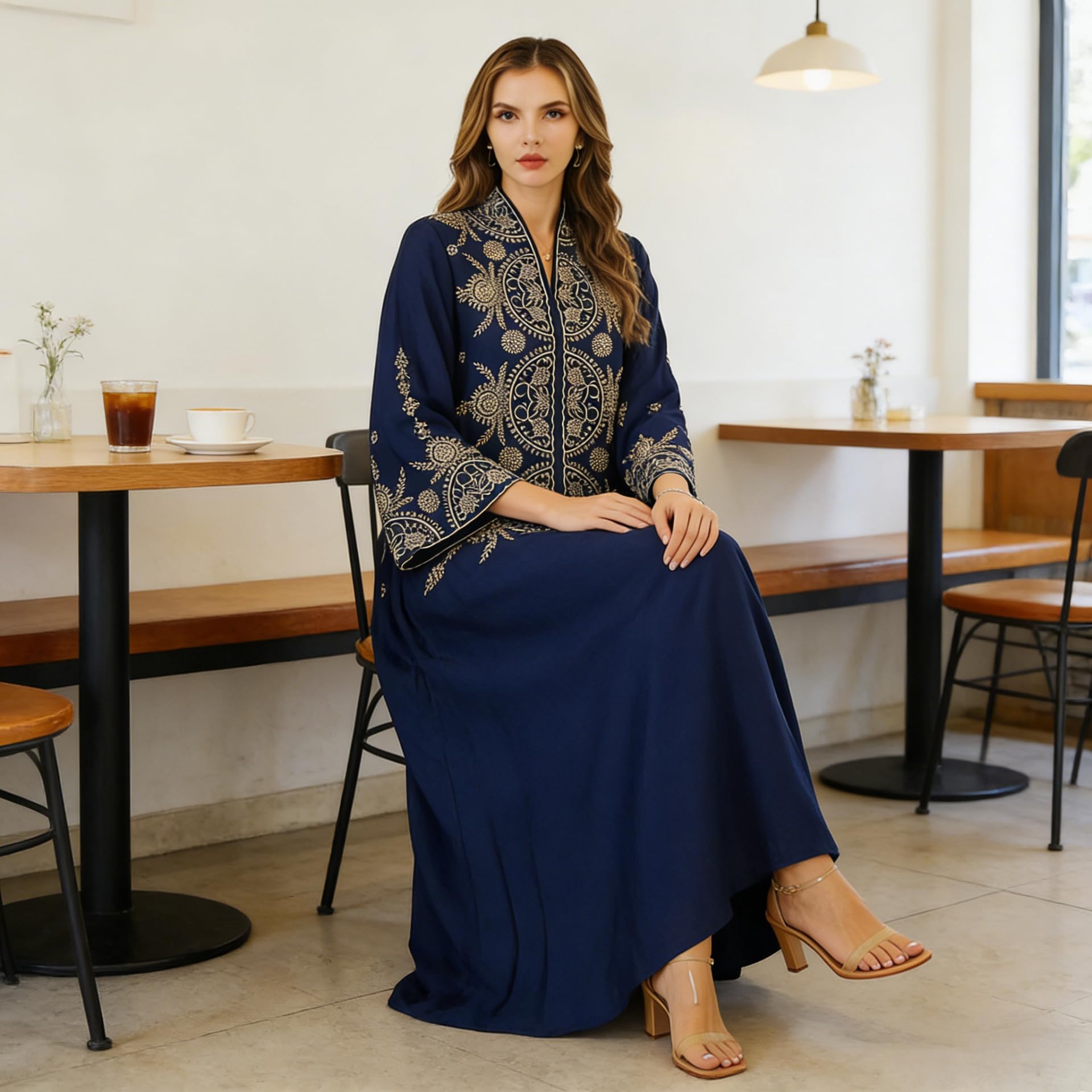 zhxinashu Abaya de Mujer Musulmana con Flores, Vestido Largo Tradicional con Intrincado Estampado Floral, Kaftan Mujere de Largo Completo para Fiesta de Boda, Celebraciones de Ramadan(Azul,L)