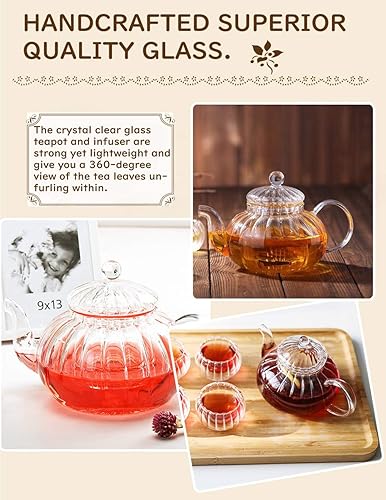 Miniatura 7 de IwaiLoft Tetera de vidrio con infusor, hervidor de té seguro para estufa, máquina de té de hojas florecientes y sueltas IW-G016 (20 onzas, calabaza)