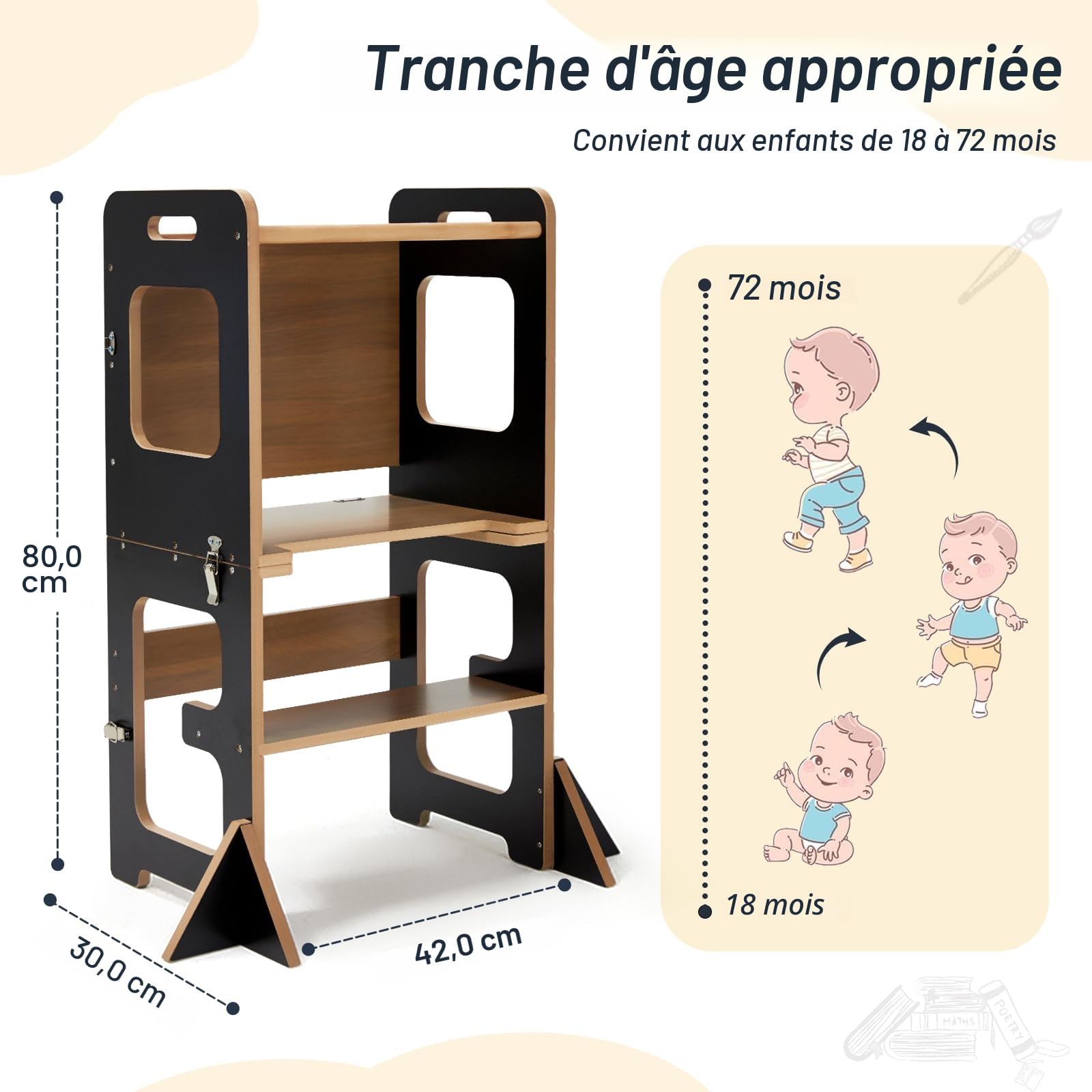 Labebe tour d'apprentissage Montessori avec tableau noir, tour d’observation pliable 3-en-1, pour enfants dès 1 an - Noir