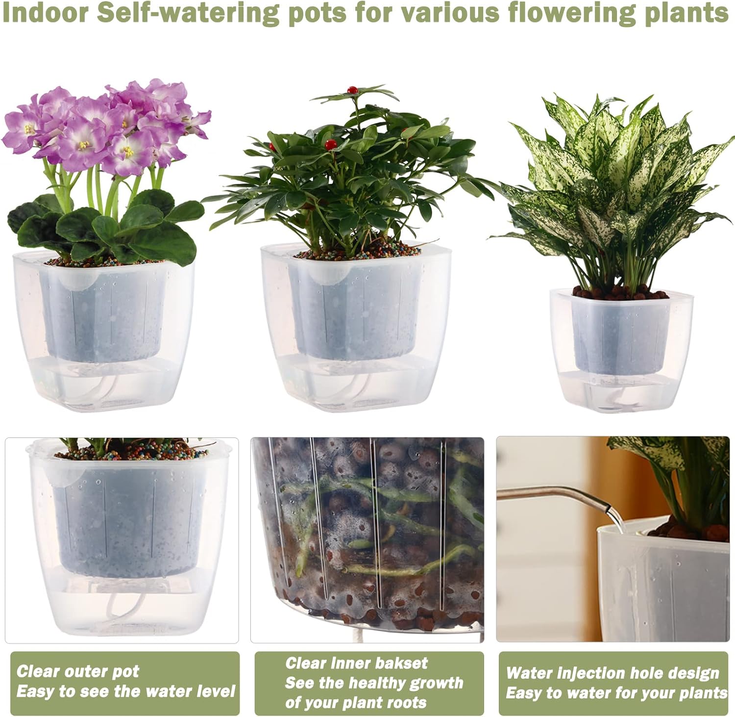 6-Pack 7 Inches Clear Self Watering Planters for Indoor Plants Large African Violet Plant Pots Plastic Wick Flower Pots with Water Injection Hole, Orchid Plant Pot Set, Clear
