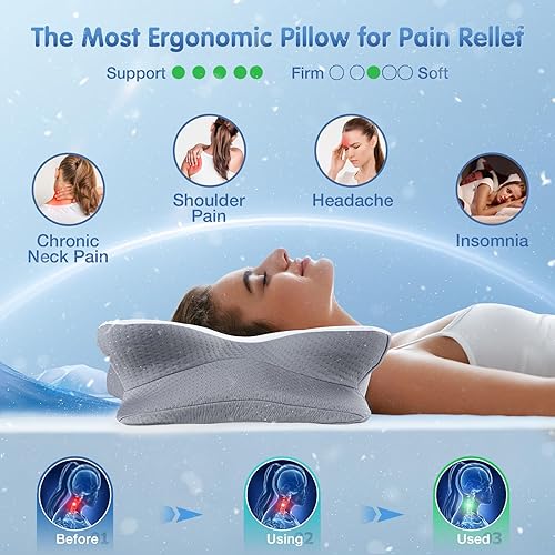 Miniatura 3 de Almohada cervical para el cuello para aliviar el dolor de dormir, almohadas de apoyo para el cuello para dormir con funda de almohada refrescante,