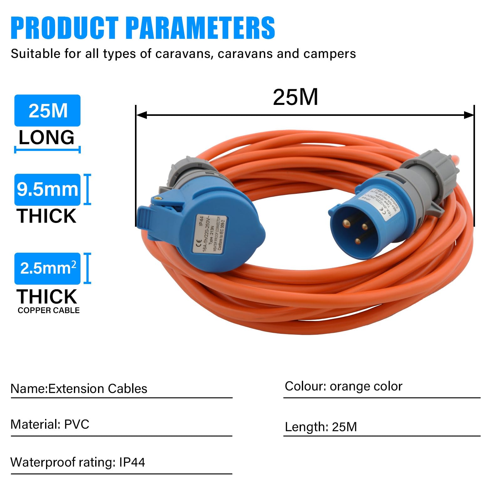25m CEE Verlängerungskabel 16A, 240V Camping Kabel Orange, IP44 Außenbereich Stromkabel mit CEE Stecker, Robustes Wohnwagen Verlängerungskabel für Camping, Caravan und Outdoor