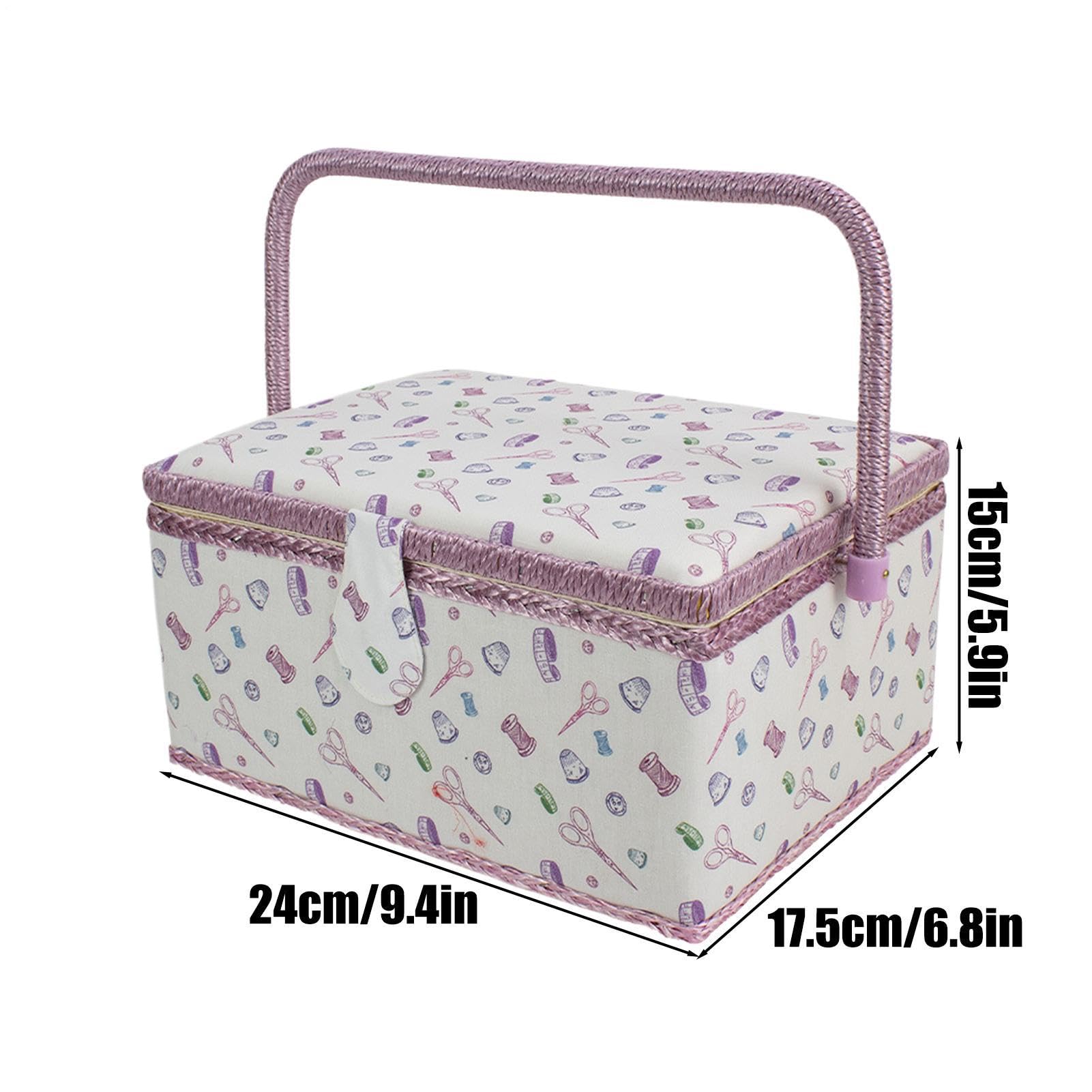 Nähbox – 24 cm großes Fach mit Griff, Vintage-Stoffkorb, Organizer mit Massivholzstruktur, tragbarer Behälter für Nadelgarn, herausnehmbares Tablett, große Kappe