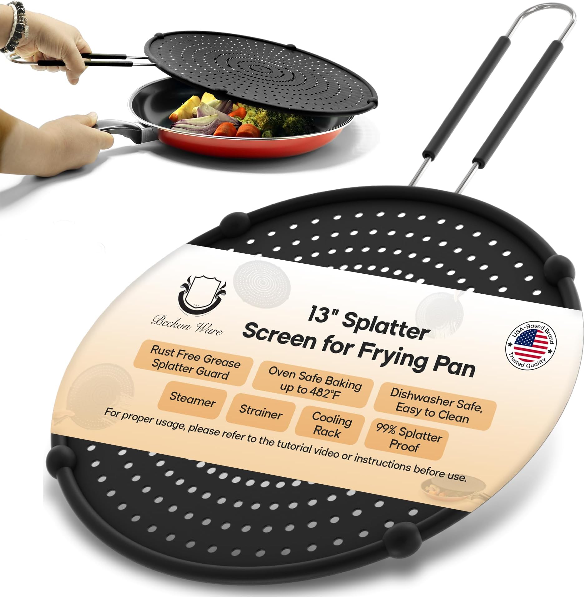 Splatter Screen for Frying Pan | USA Brand | 13-Inch Black, Fit Pans (12" to 13") Silicone Grease Splatter Guard for Frying Pan and Stove by Beckon Ware