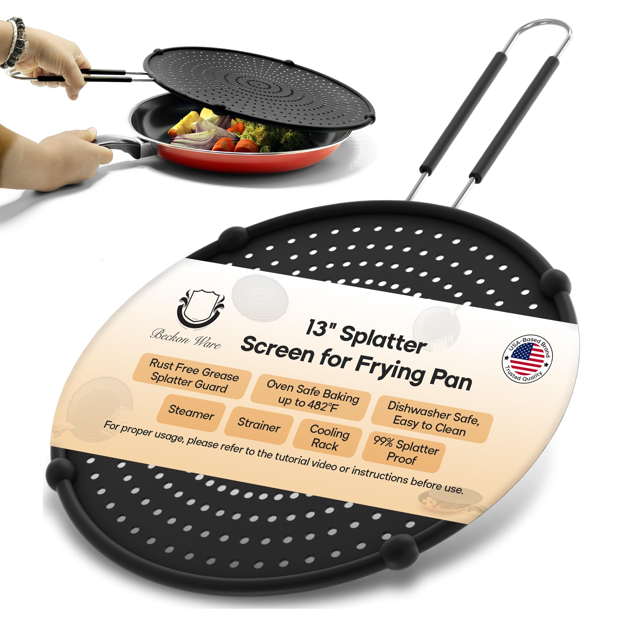 beckon ware  usa brand  13-inch black fit pans 1234 to 1334 silicone grease splatter guard for frying pan and stove