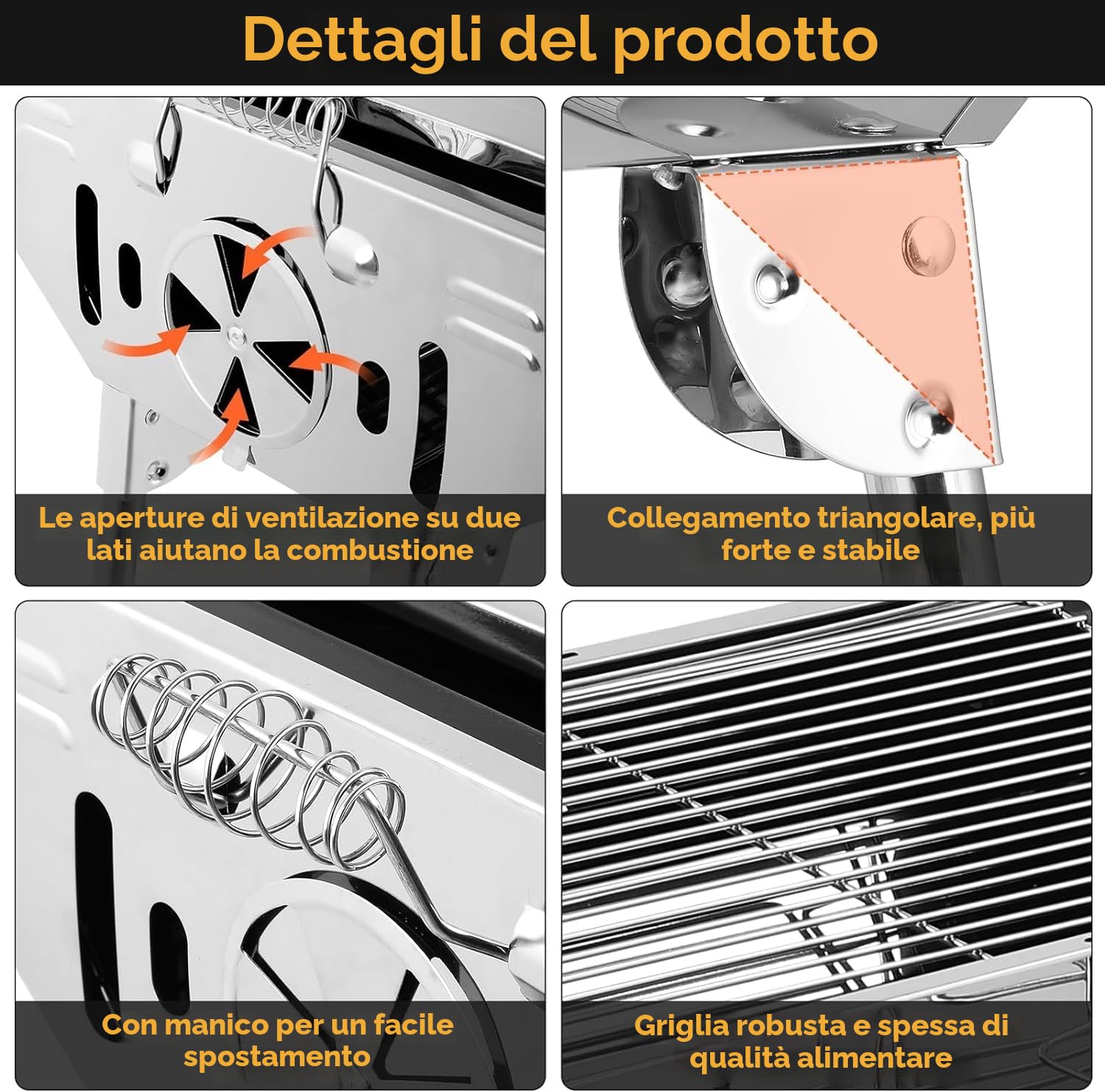 Griglia a Carbone Barbecue a Carbonella XXL, Portatile Pieghevole in Acciaio con Doppie ali, Antiadherente
