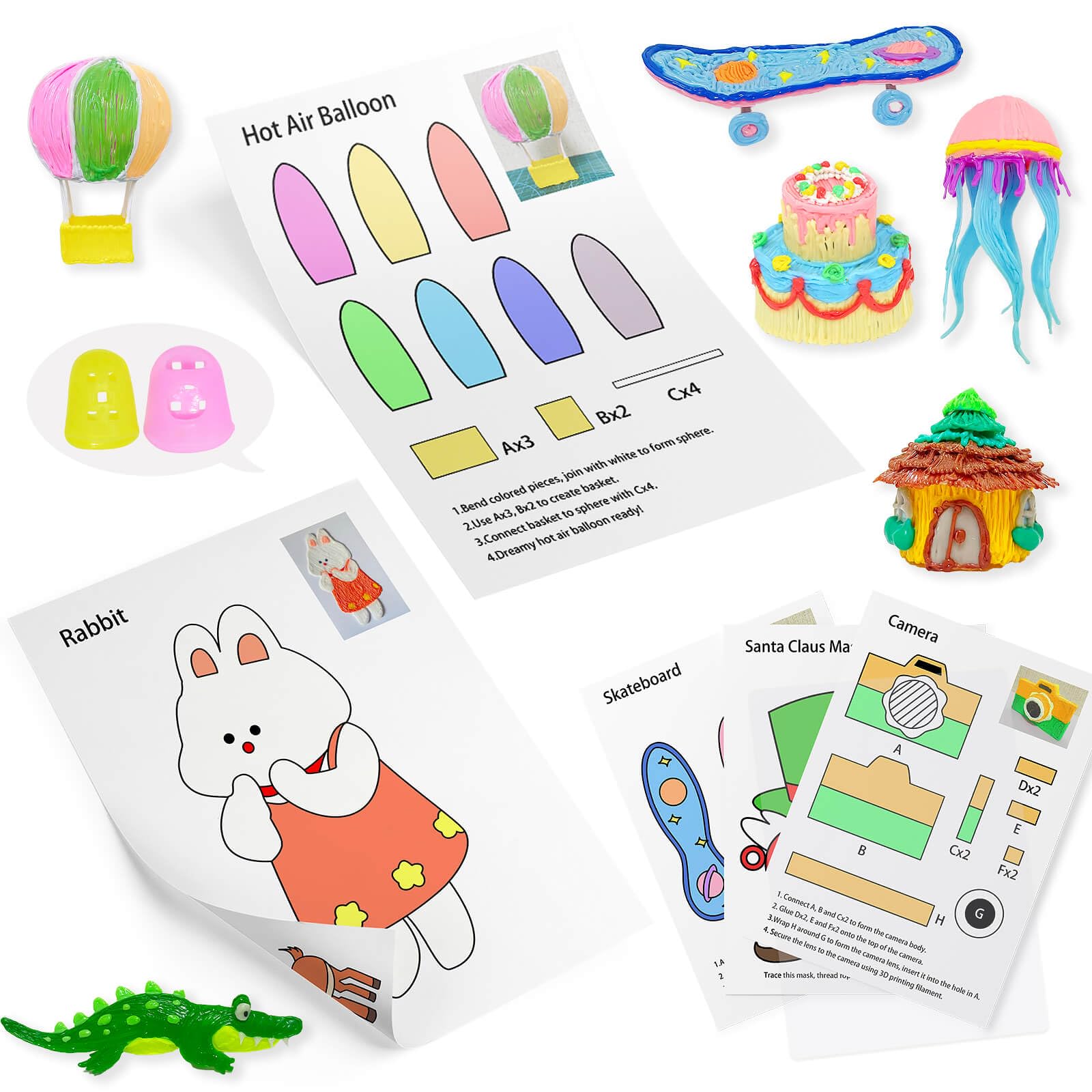 SONGTIY 3D Printing Drawing Template, 20 Sheets 3D Painting Paper Stencils, 3D Pen Drawing Graffiti with a PVC Transparent Board, for Birthday Christmas DIY Gifts