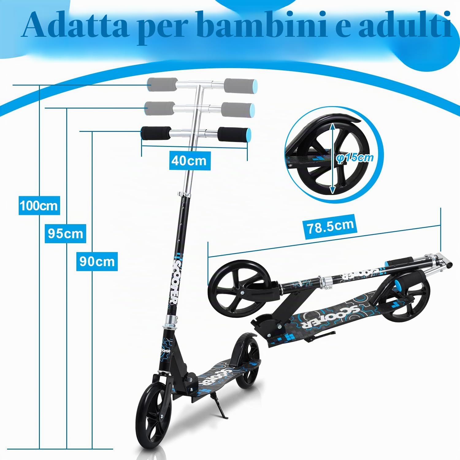 Monopattino per bambini, pieghevole, regolabile in altezza, con ruote e tracolla, per bambini