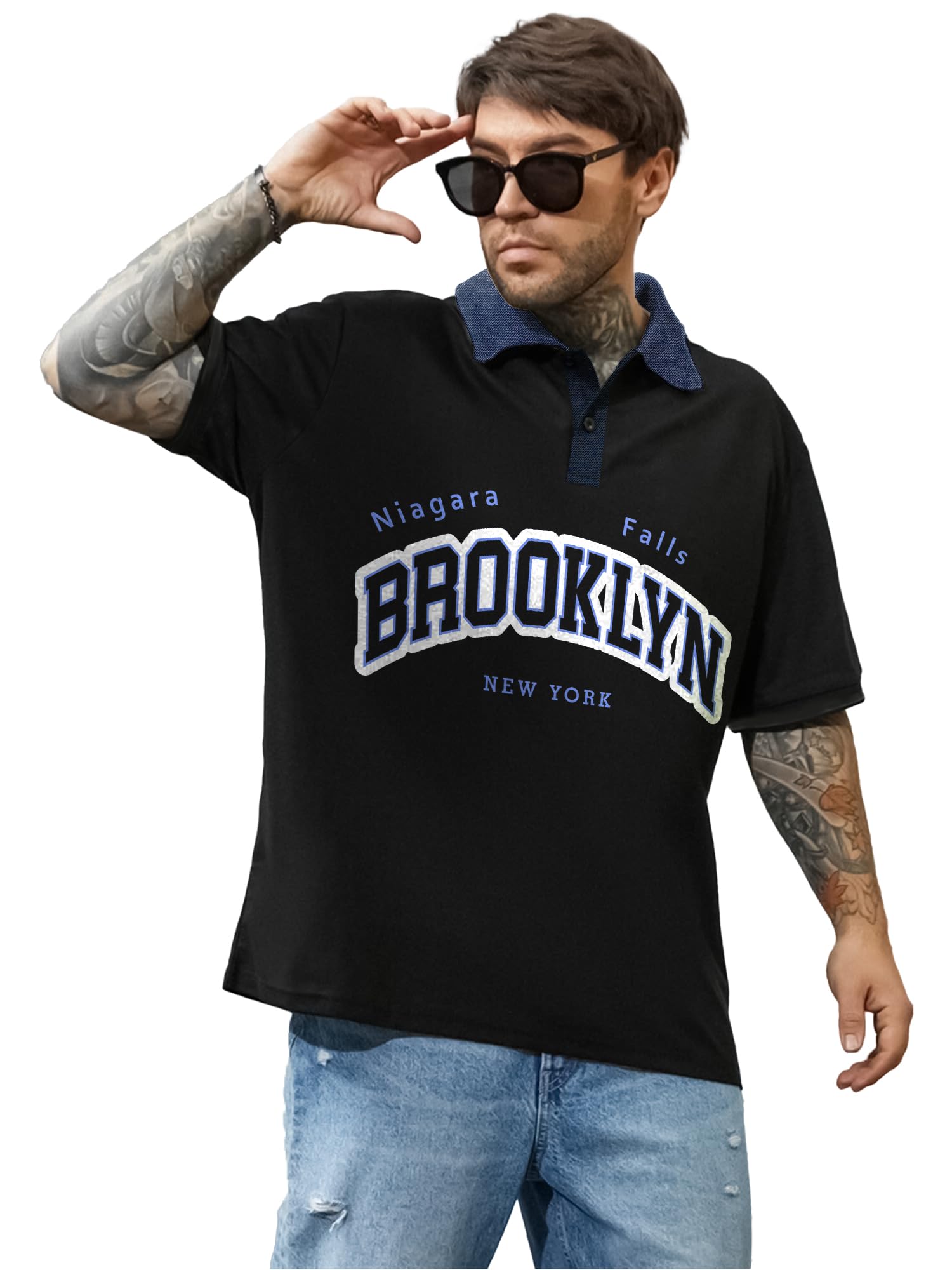 Jump CutsMens Printed Polo Neck 3/4th Sleeve Beige Cottonblend Oversized T-Shirt