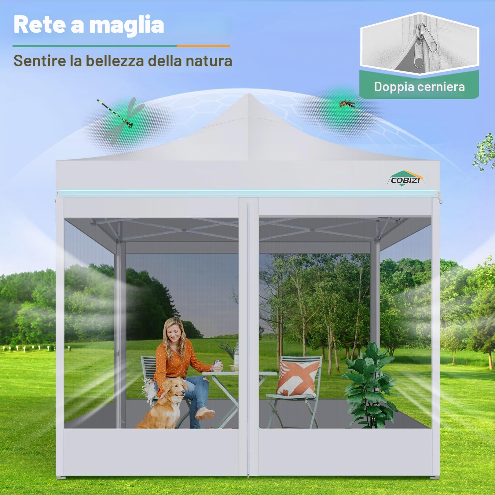 COBIZI Gazebo pieghevole 3x3 m con zanzariere, impermeabile e stabile | Protezione UV, altezza regolabile su 3 livelli, tessuto Oxford 420D, borsa inclusa