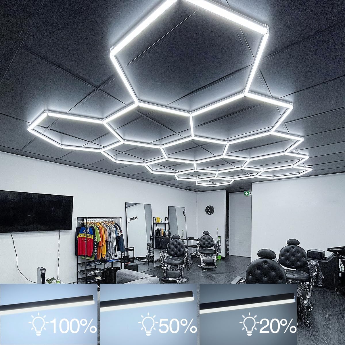 Hexagon Garage Lights Dimmable: Upgraded 3 Level Dimmable Hexagon Led Garage Lights,57 Pack 14 Hex Ceiling Honeycomb 6500K for Garage, Gym,Basement,