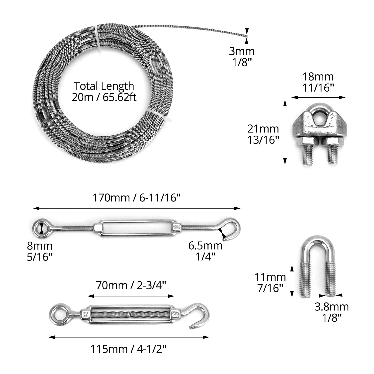 QWORK® Lina druciana 3 mm, zestaw lin stalowych 304, stalowa lina 20 m z napinaczem liny obrotowej M5, do zawieszania świateł zewnętrznych, ogrodzeń, sznurków do bielizny