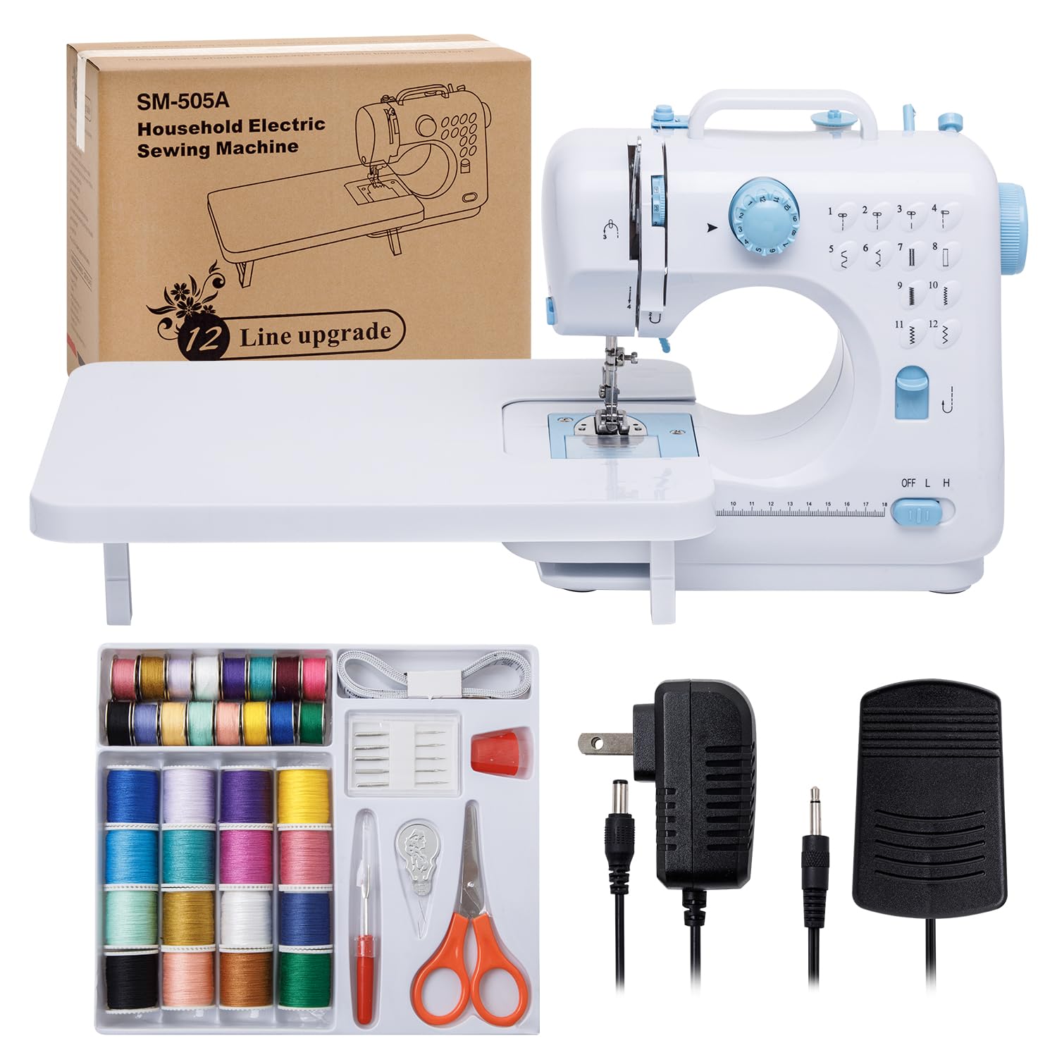 Sewing Machine 505 for Beginners with Expansion Table Large Heavy Duty Sewing Machines for Adult and Kids Ages 8-12 Easy Sewing with Foot Pedel 12 Builit-in Stitches (White and Blue)