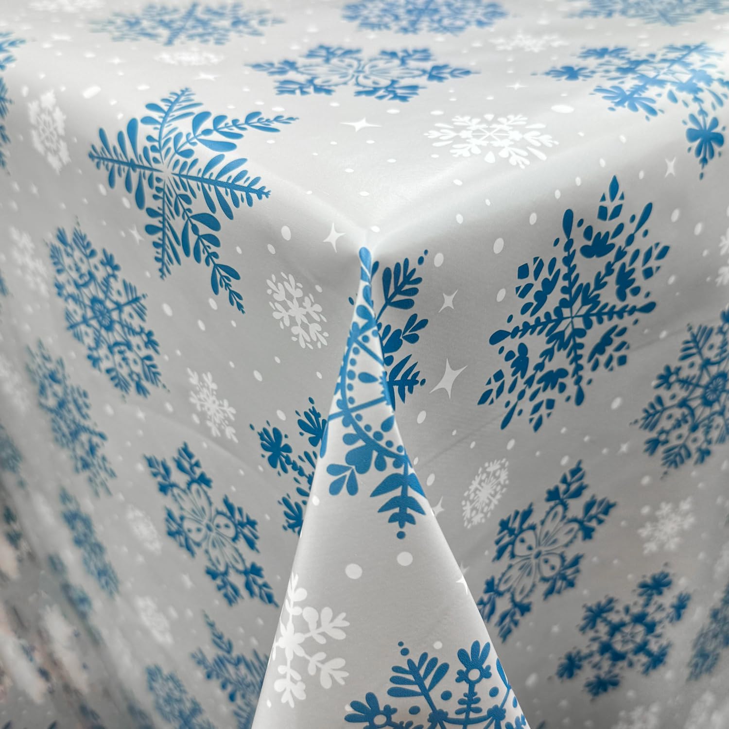 Home Expressions Christmas Tablecloth Silver Grey Ground with Blue Snowflakes, Wipe Clean Vinyl Table Cloth/Protector Textile Backing