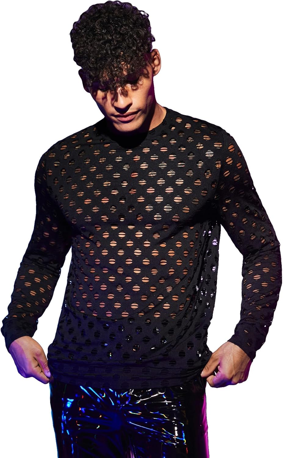 WDIRARA Men's Fishnet Knit Pullover Top Hollow Out Round Neck Long Sleeve Concert Tops