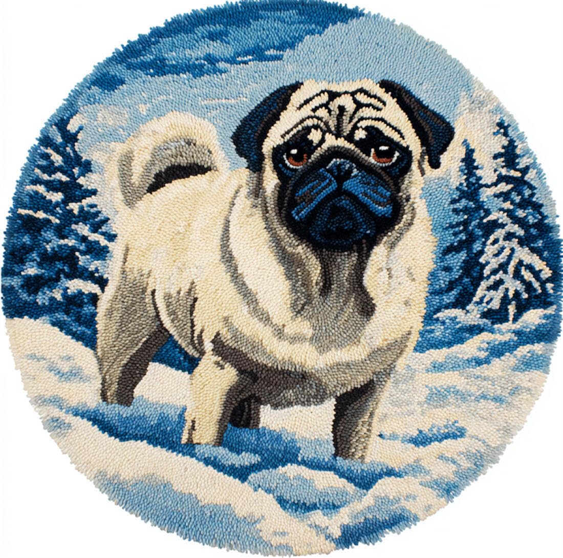 Rqwybcaxn DIY Latch Hook Rug Making Kits for Adults Animal Crochet Hooks Set Dog in the Snow 50x50cm Round Tapestry with Crochet Hook Living Room Craft Gift