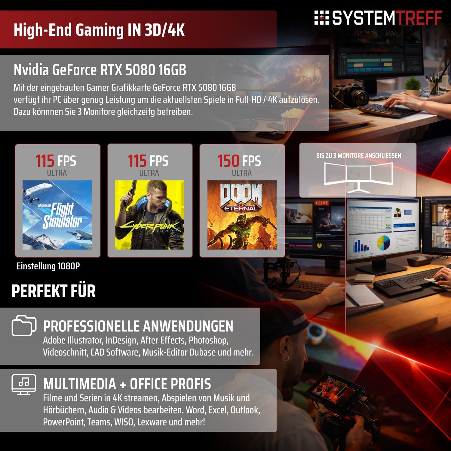 SYSTEMTREFF High-End Gaming PC AMD Ryzen 7 9800X3D 8x5.2GHz | Nvidia RTX 5080 16GB DX12 | 2TB M.2 NVMe | 32GB DDR5 RAM | Windows 11 | Desktop Computer Rechner für Gamer, Zocker & Streamer
