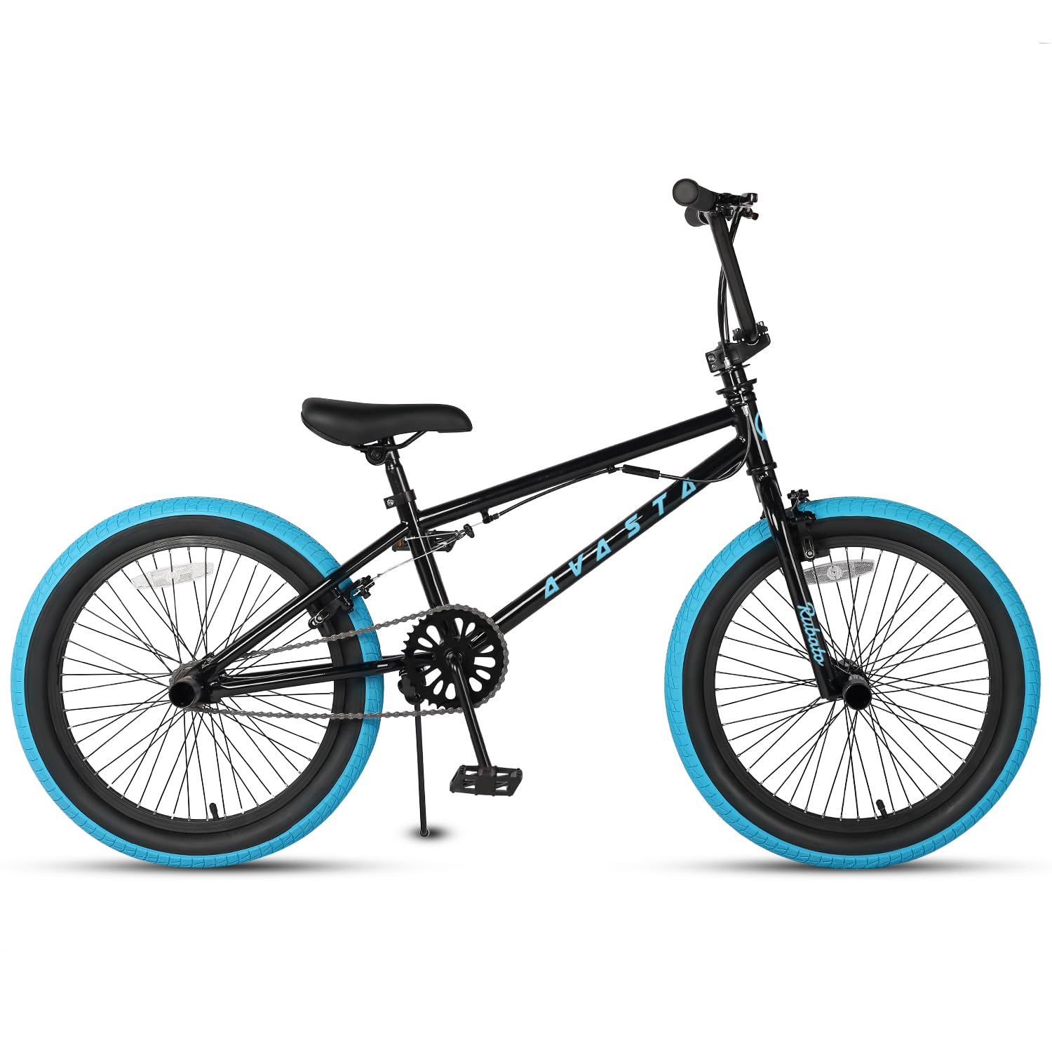 AVASTA Bicicletta BMX per Bambini Freestyle da 20 Pollici per età 6 7 8 9 10 11 12 13 14 Anni Ragazzi Ragazze Adolescenti e Junior Riders con 4 Picchetti, Rotori a 360 Gradi, Nero e Blu