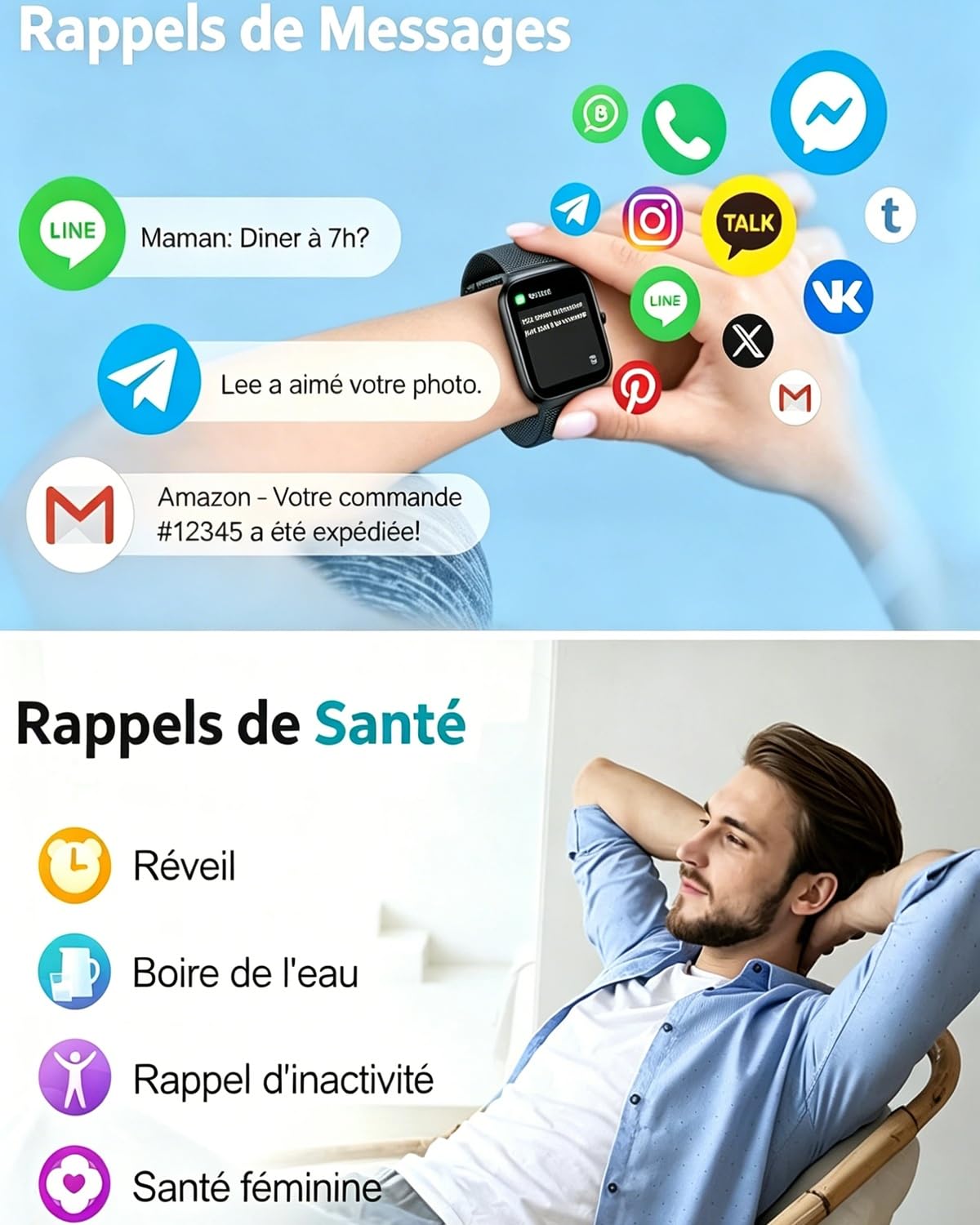 Popglory Montre Connectée pour Samsung Apple Android Phone, 1.85" Smartwatch Homme Femme avec Appel Bluetooth, Tensiomètre, Fréquence Cardiaque, SpO2, Stress, Sommeil, Podomètre, 100+ Sports, Cadeau