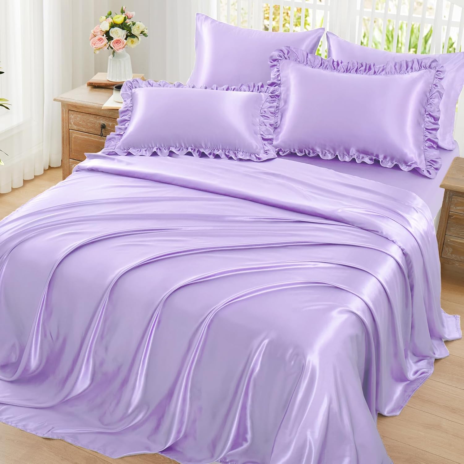 Homiest Ruffled Satin Sheets King Size 6pc Set - Lavender Purple Bed Sheet Set with 15 Inch Deep Pocket Fitted Sheet, 1 Flat Sheet, 2 Ruffled Pillow Shams & 2 Pillowcases, Similar to Silk Sheets