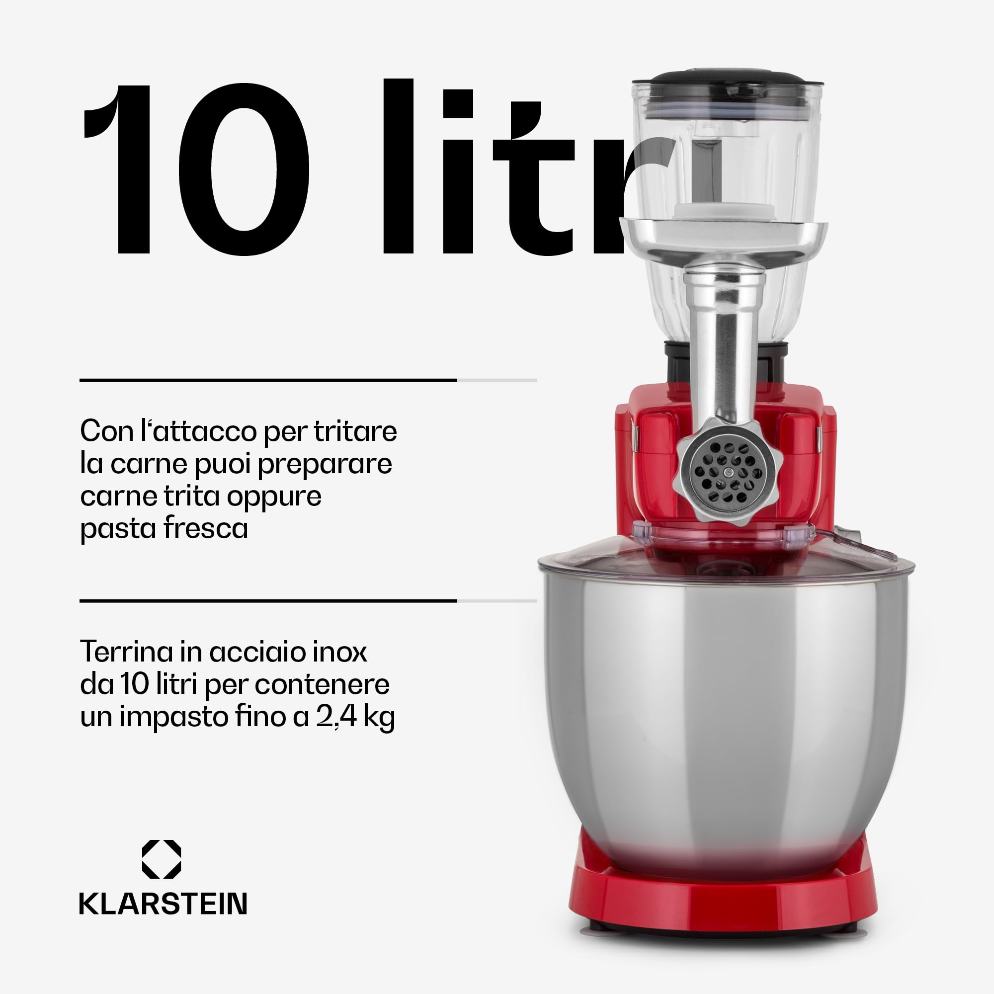 Klarstein Robot da Cucina, Planetaria 2000W, Impastatrice Planetaria, Blender, Mixer Cucina 3 in 1, Robot da Cucina Multifunzione 10L, Impastatrice Planetaria Professionale, Impastatrice Pizza