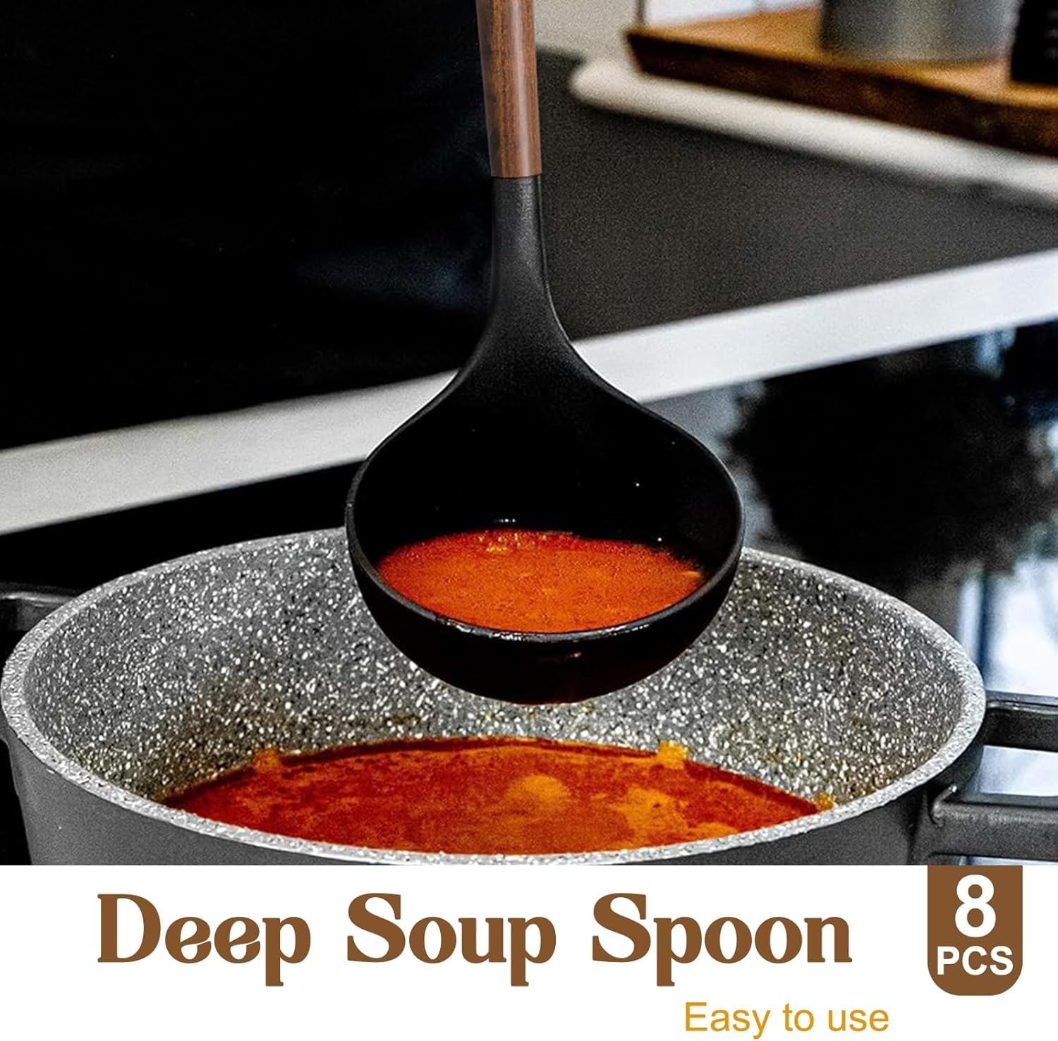 Umite Chef - Set di utensili da cucina in silicone, 8 pezzi, con manici in legno di acacia naturale, teste in silicone per uso alimentare, spatole da cucina antiaderenti, colore nero