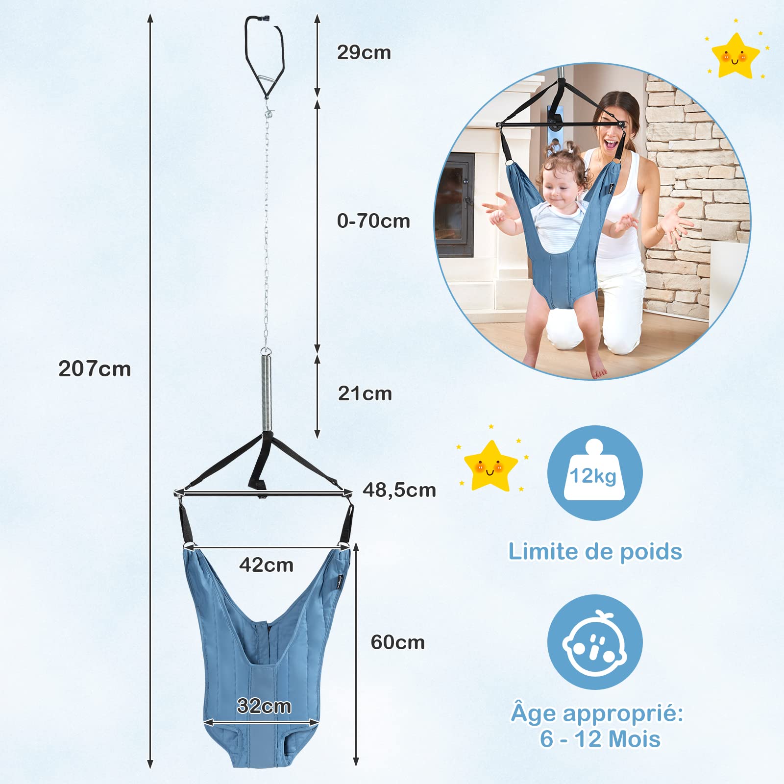 COSTWAY Sauteur de Porte pour Bébé 6-12 Mois, Siège Sauteur Suspendu avec Chaîne Réglable 29-93 cm, Siège en Tissu TC et Tube de Support en Fer, Charge Max 12KG, Bleu…