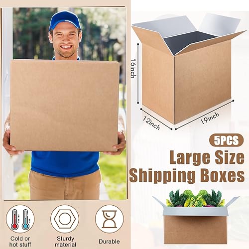Miniatura 2 de Henoyso 5 cajas de envío frías aisladas de 19 x 12 x 16 pulgadas para alimentos congelados con forro de bolsa aislada de papel de aluminio, caja de