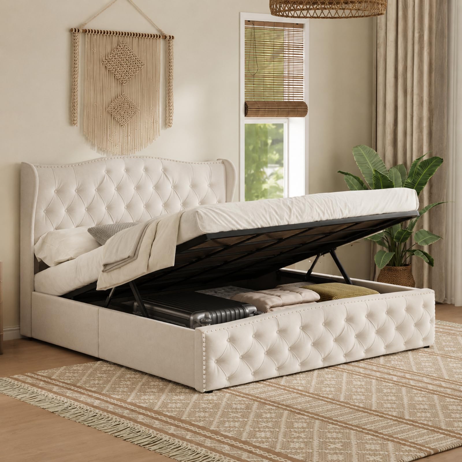 Fofetbfo Cama tapizada de 160 x 200 cm, cama doble acolchada con cajón, cama doble con espacio de almacenamiento, cama de almacenamiento hidráulico con cabecero, cama funcional para adolescentes