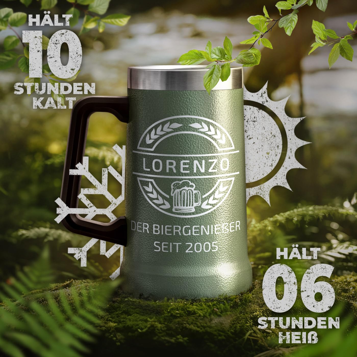 Maverton Isoliertes Bierglas mit Gravur 700 ml Grün - Edelstahl personalisierter Bierkrug für Bierfreunde - mit Henkel - Männergeschenke - Bier Geschenke für Männer
