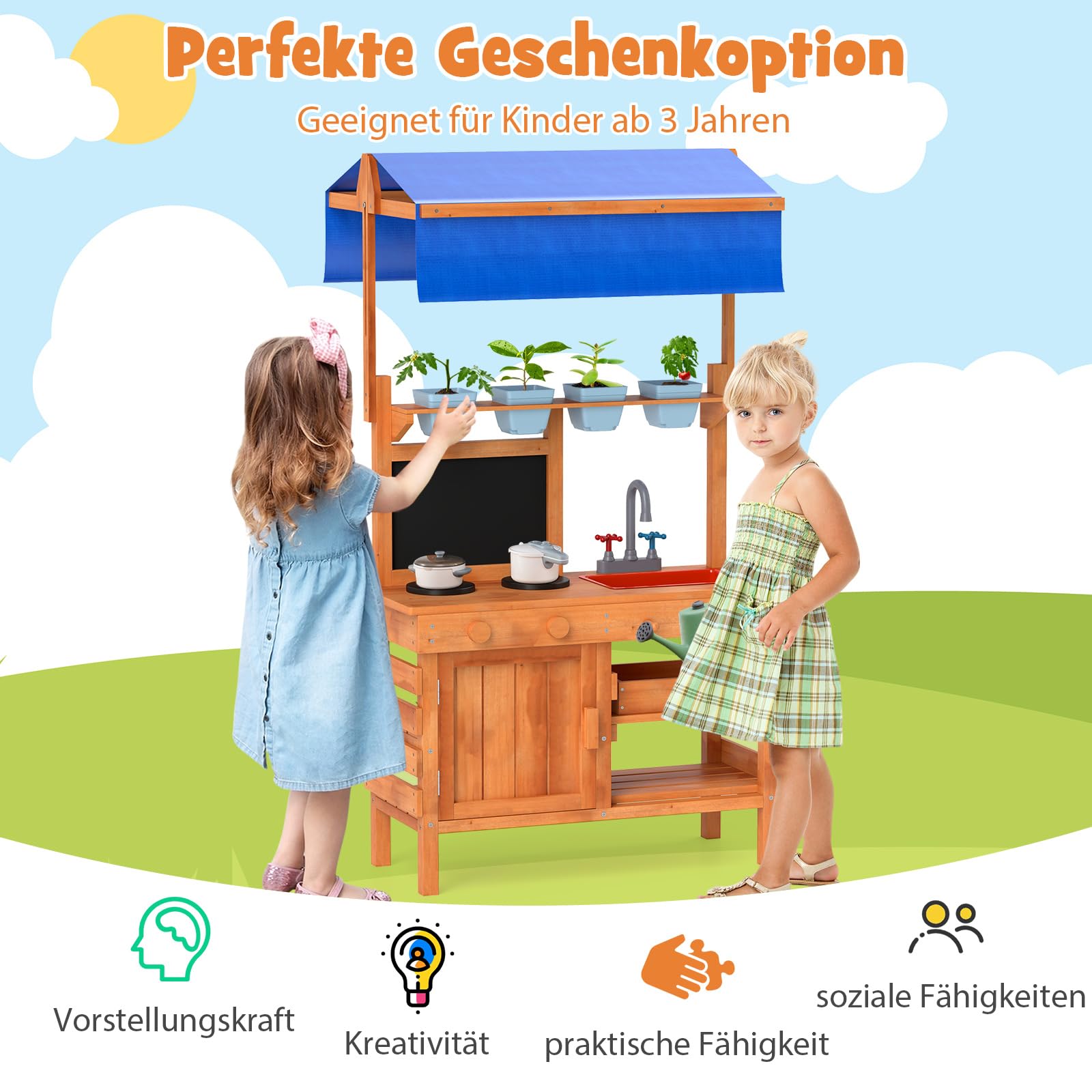 COSTWAY Matschküche Kinder Outdoor, Kinderküche Holz mit Sonnendach & Tafel & Pflanzbechern & Schaufeln, Spielküche mit Herd Spüle Schublade, Gartenküche Outdoor Küche für Kinder ab 3 Jahren