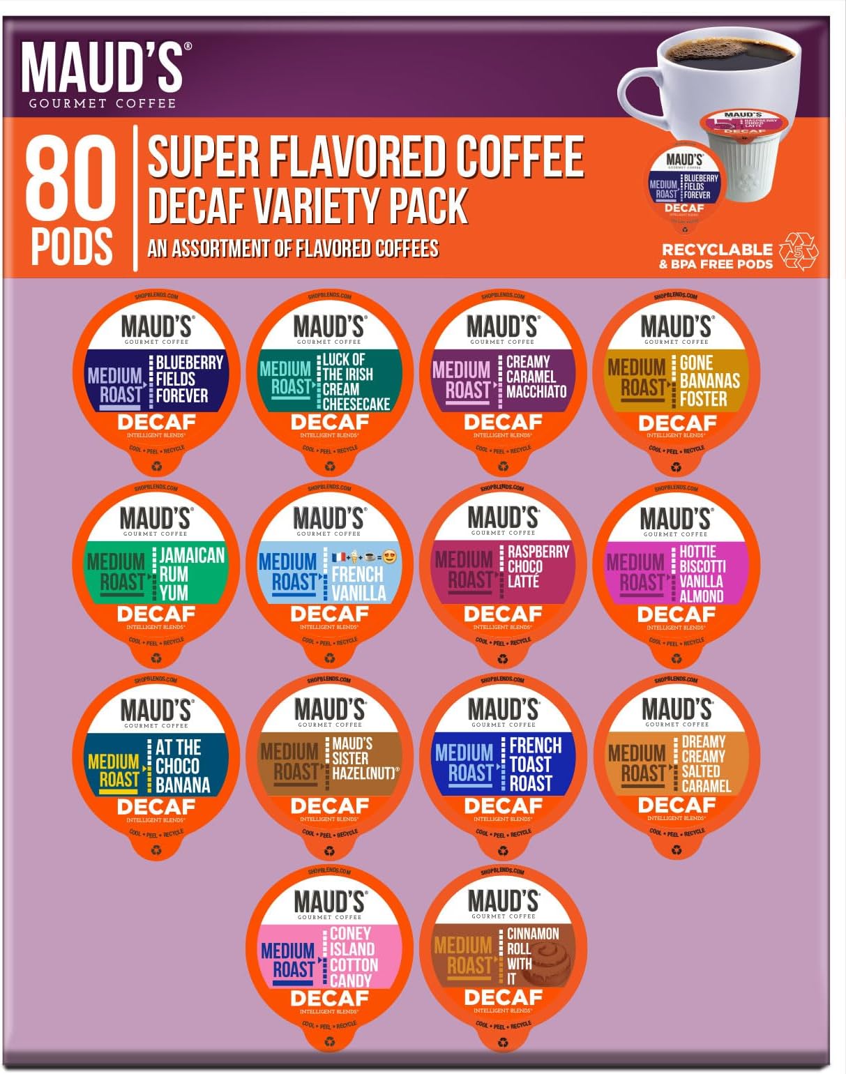 Maud's Flavored Decaf Coffee Pods Variety Pack, 80 ct,14 Assorted Roasts & Flavors, Decaf Medium Roast Coffee in Recyclable Single Serve Pods - 100% Arabica Coffee, Compatible with Keurig K Cups Maker