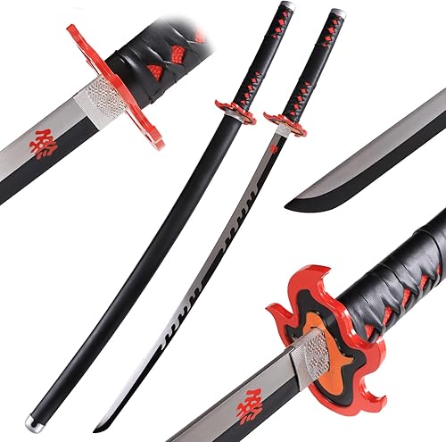Vista 52 de Bowen - Espada de anime Demon Slayer, Tanjirou Rengoku Samurai, 40.5 pulgadas de acero al carbono real Espada Inosuke 2 piezas