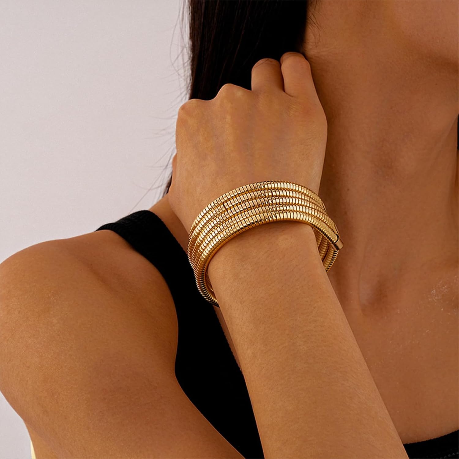 Gold Plated Multi-Layer Stretch Bracelets for Women,Trendy Statement Geometric Twisted Metal Bracelets Minimalism Hip Hop Kpop Jewelry Gifts - Image 6