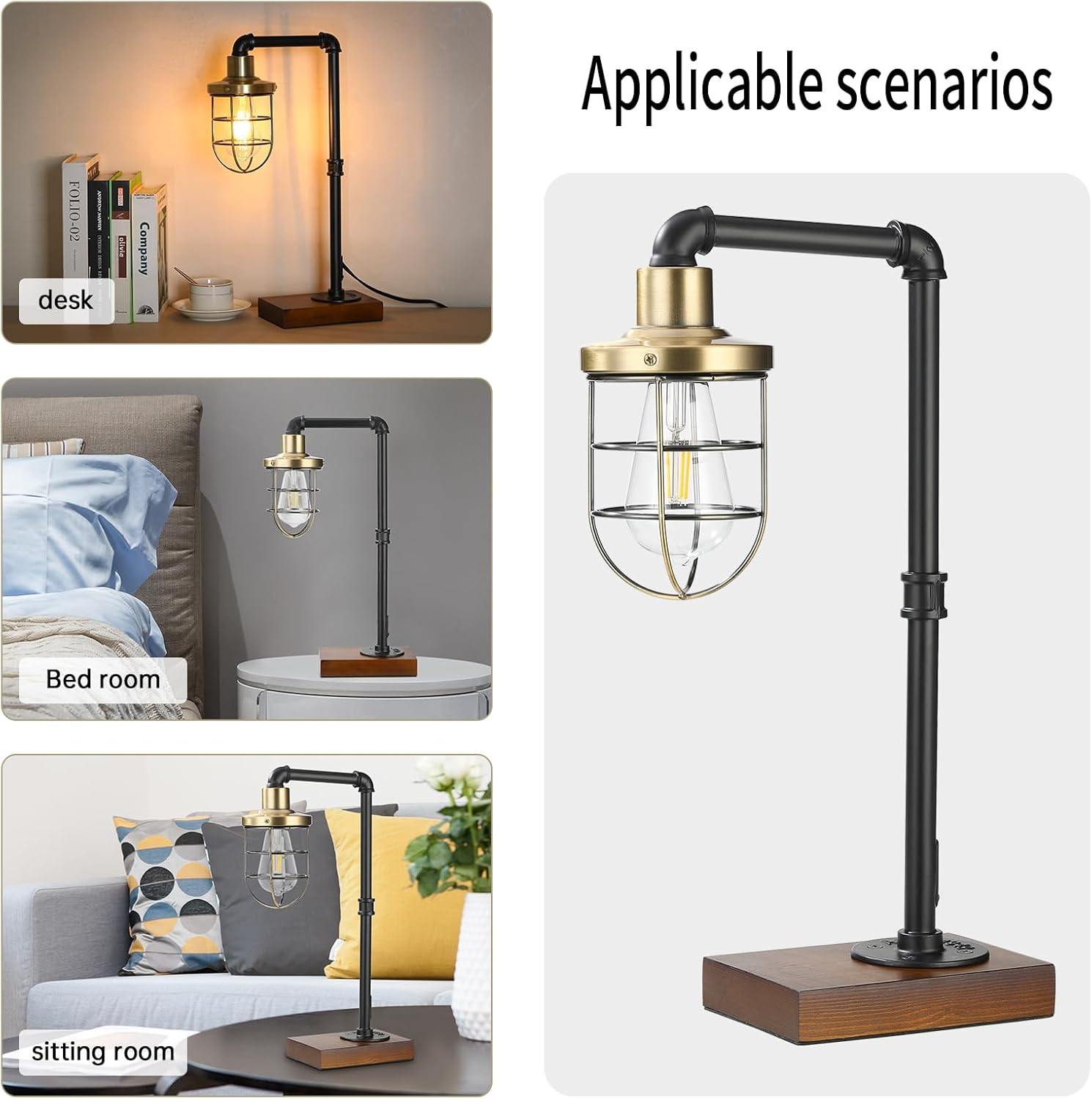 CONCA Steampunk Table lamp, Industrial Table lamp,E26 Base Rustic Edison Lighting, cage Shade Table lamp (B-Black+Bronze)