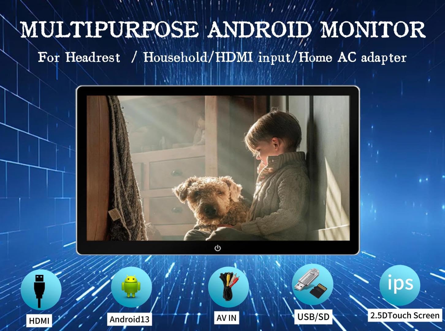 10,1 pouces 4K Android 13 Moniteur de appuie-tête pour voiture avec TV, support pour liaison miroir sans fil de téléphone, écran tactile, entrée HDMI, tablette USB/carte SD lecteur