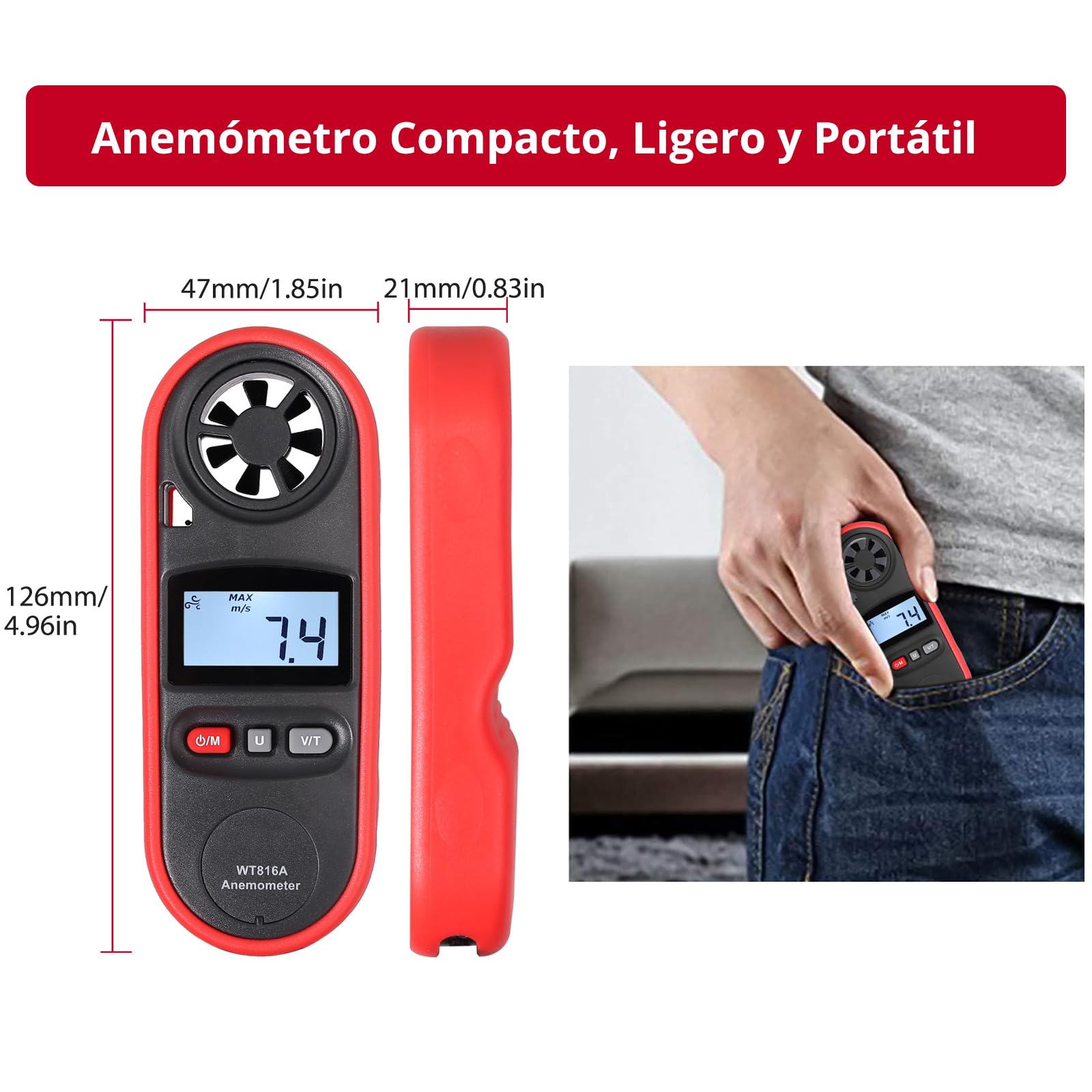 JUSTOOL Anémomètre Numérique 3 Vitesse du Vent 6 Unités Vitesse Vent Portable Étanche Anémomètre avec Écran LCD pour Sports de Plein Air, Inspection Météorologique, Voile, Pêche